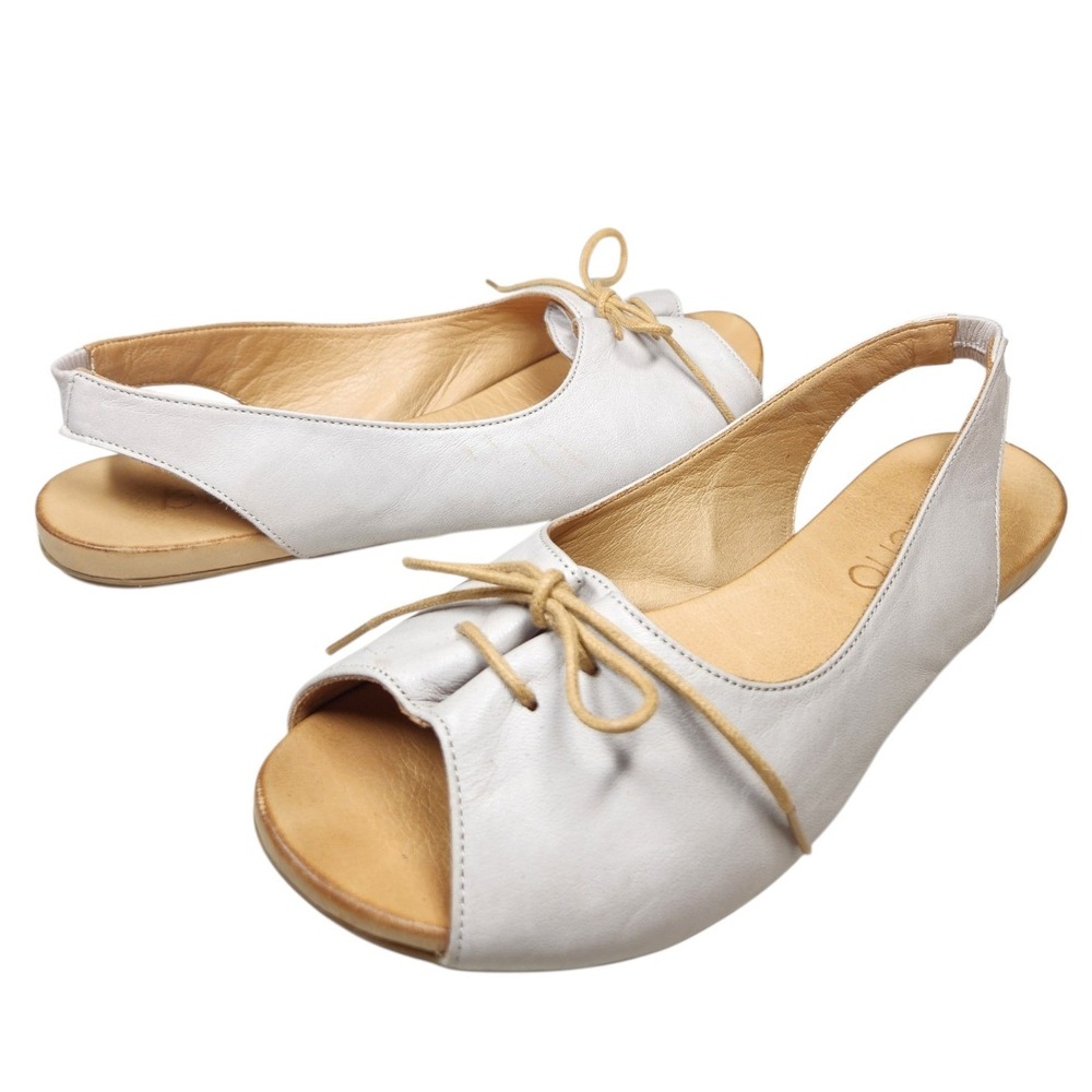 Bueno Kenya Leather Slingback Peep Toe Flat Bow Sandals Gray European Luxury 37